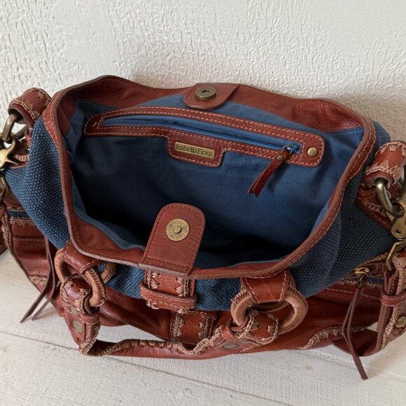 Isabella Fiore Boho Leather Canvas Satchel Brown Blue Whipstitch Crossbody - Picture 10 of 15
